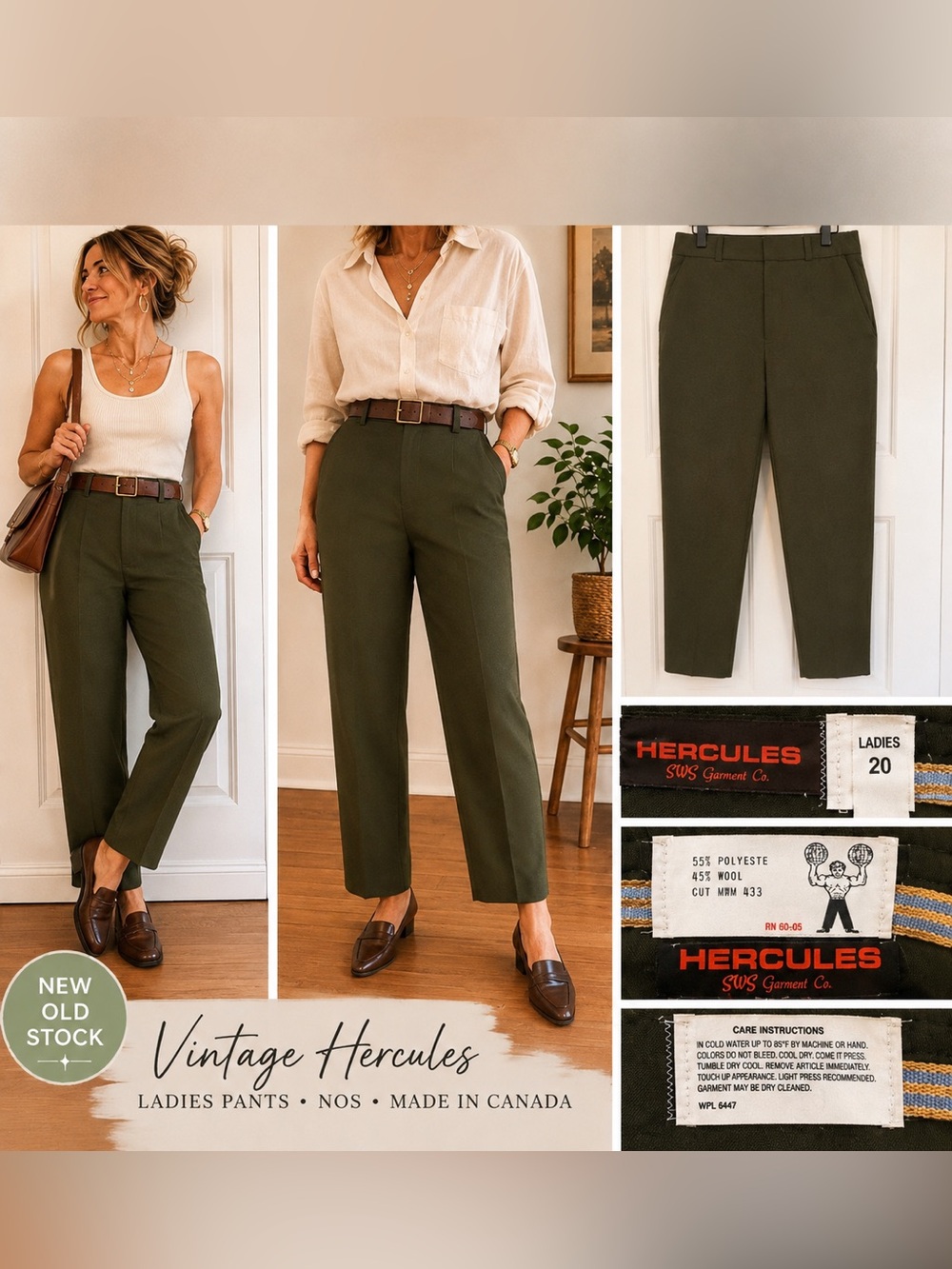 Vintage Hercules Olive Green High Waist Pleated Trousers NOS Women’s Pants